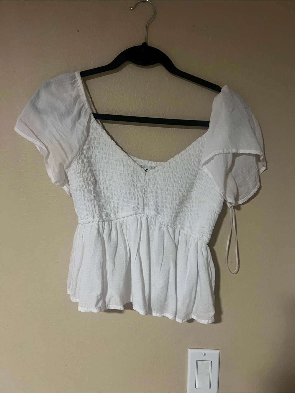 Hollister White Smocked Peplum Blouse with Flutter Sleeves